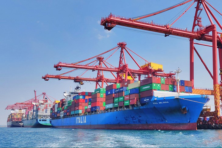 shipping container ship loaded at port