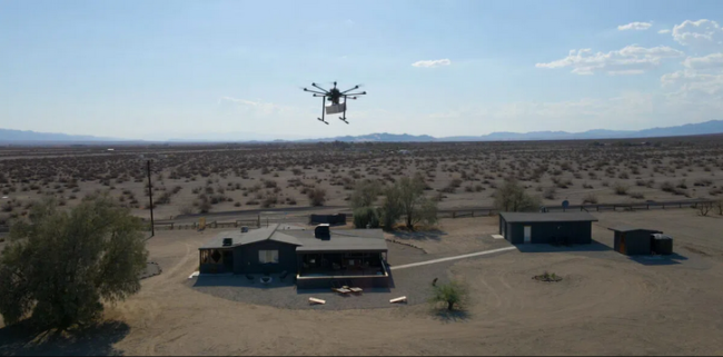 Aerial drone delivering package to remote house. A2Z company.