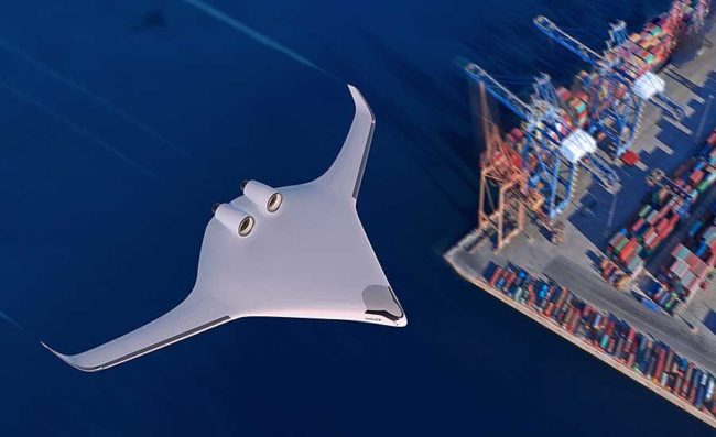 Natilus automomous freight aircraft San Diego - flying over container terminal