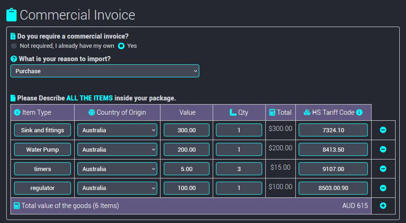 commercial invoice screen shot one world courier