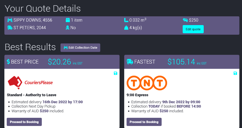 One World Courier - Cheapest of Fastest freight quote screen