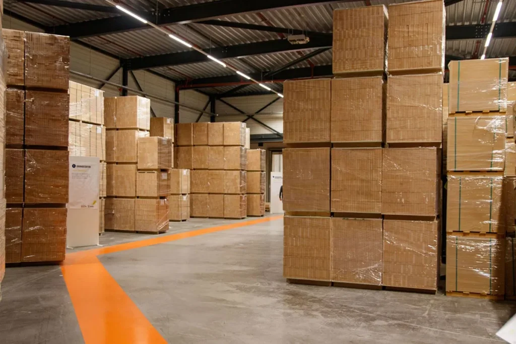 large parcels stacked in a warehouse 