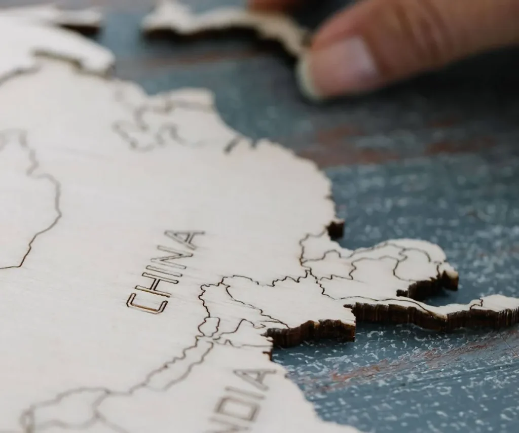 Close up of a wooden puzzle map of the country China