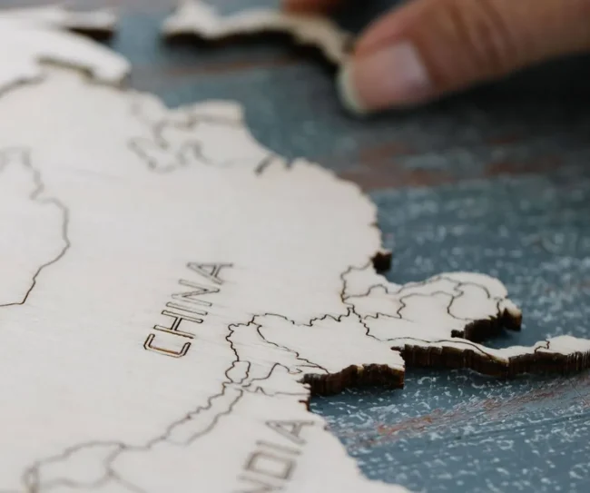 Close up of a wooden puzzle map of the country China