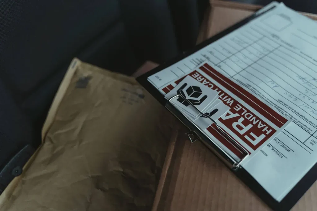 A detailed view of postal packages and delivery paperwork inside a van, emphasising logistics.