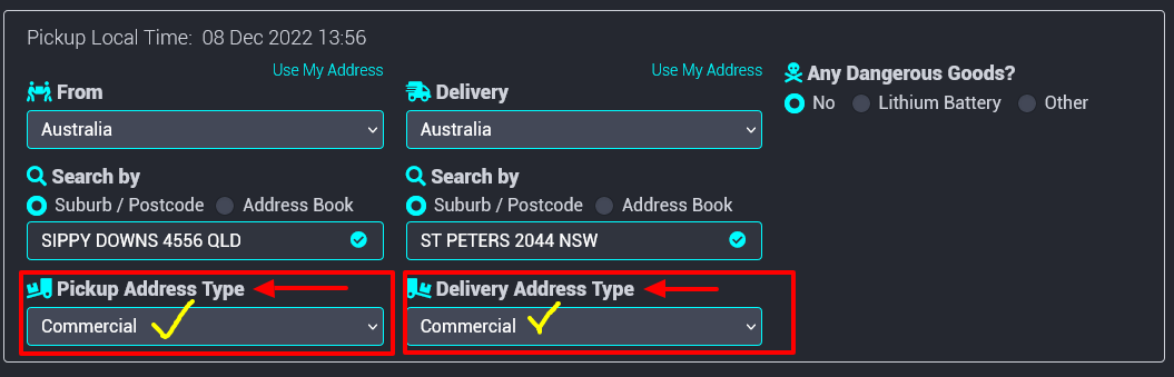 One World Courier - image showing selection of delivery address types