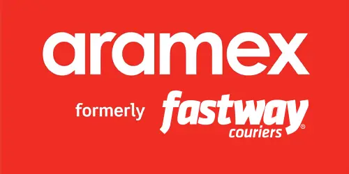 white aramex text on red background 